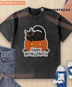 Alt Text: Cute Halloween cat in a washed t-shirt, ready for Meowlloween festivities with a joyful expression.
