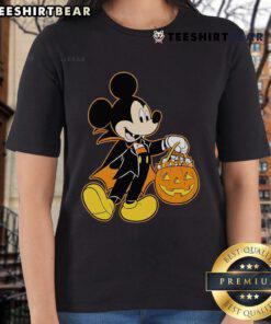 Alt Text: Cute Mickey Mouse Halloween Dracula pumpkin glow ladies tee featuring festive candy design for Halloween celebrations.