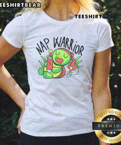 Cute nap warrior turtle sleeping with a sword on a funny lazy ladies tee, perfect for relaxed style.