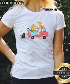 Cute pets traveling with pretty ladies on a fun adventure, showcasing a vibrant 'Cute Pets Traveling' tee design.