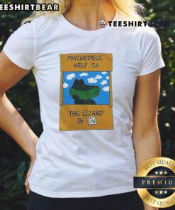 Cute psychedelic 'Help the Lizard' ladies tee featuring vibrant colors and playful lizard design.