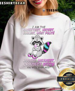 Cute raccoon wearing a 'I Am The Sweetest Nicest Coolest' sweatshirt, showcasing its adorable personality.
