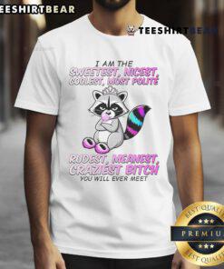 Cute raccoon wearing a I Am The Sweetest Nicest Coolest t-shirt, showcasing its adorable personality in a playful pose.