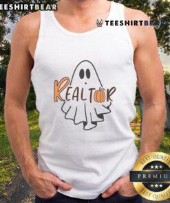 Adorable realtor ghost in a Halloween tank top, perfect for festive celebrations and spooky real estate events.