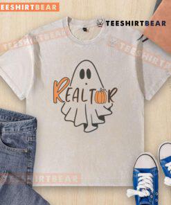 Cute realtor ghost Halloween design on a washed t-shirt, perfect for spooky season and real estate enthusiasts.