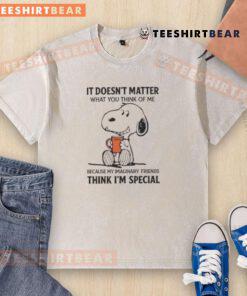 Cute Snoopy t-shirt featuring the quote 'It doesn't matter what you think of me' with whimsical design.