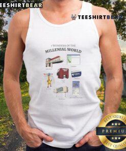 Funny 7 Wonders of the Millennial World tank top featuring humorous graphics and vibrant colors, perfect for casual wear.