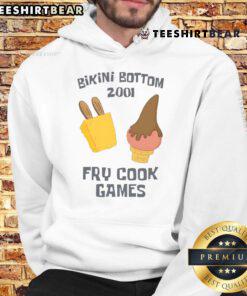 Funny Bikini Bottom 2001 Fry Cook Games hoodie featuring SpongeBob and Patrick in playful cartoon design.