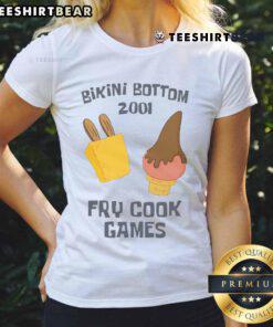 Funny Bikini Bottom 2001 Fry Cook Games featuring SpongeBob and Patrick on a ladies tee, perfect for fans of the series.