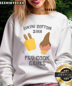 Funny Bikini Bottom 2001 Fry Cook Games sweatshirt featuring SpongeBob and Patrick in vibrant colors, perfect for fans.