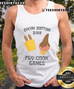 Funny Bikini Bottom 2001 Fry Cook Games tank top featuring SpongeBob and Patrick in vibrant colors and playful design.
