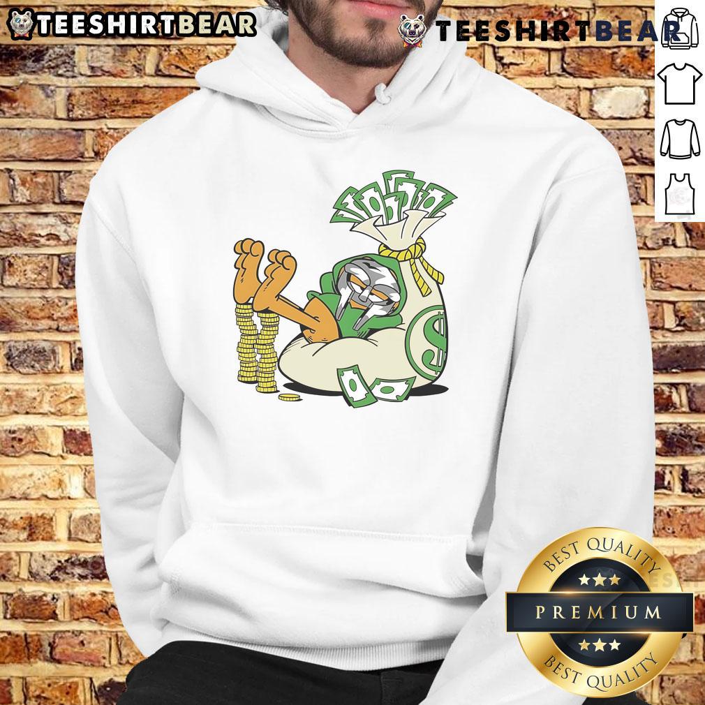 Funny Doctor Doom X orange cat in a money hoodie, showcasing a playful fusion of humor and style.