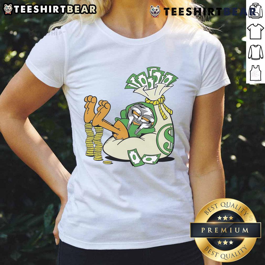 Funny Doctor Doom X orange cat graphic on a ladies tee, featuring humor and style for geek culture enthusiasts.