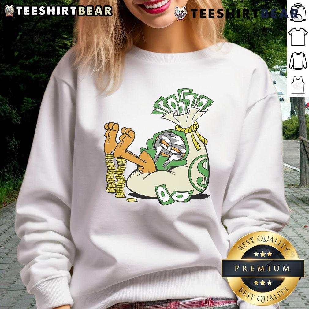 Alt Text: Funny Doctor Doom X Orange Cat Money Sweatshirt featuring a playful design of a cat with money and comic elements.