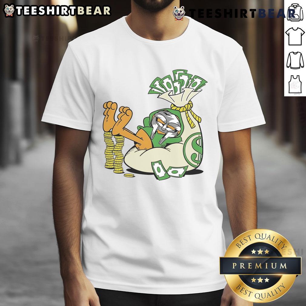 Alt Text: Funny Doctor Doom graphic on an orange cat with money, featured on a t-shirt for comic and cat lovers.