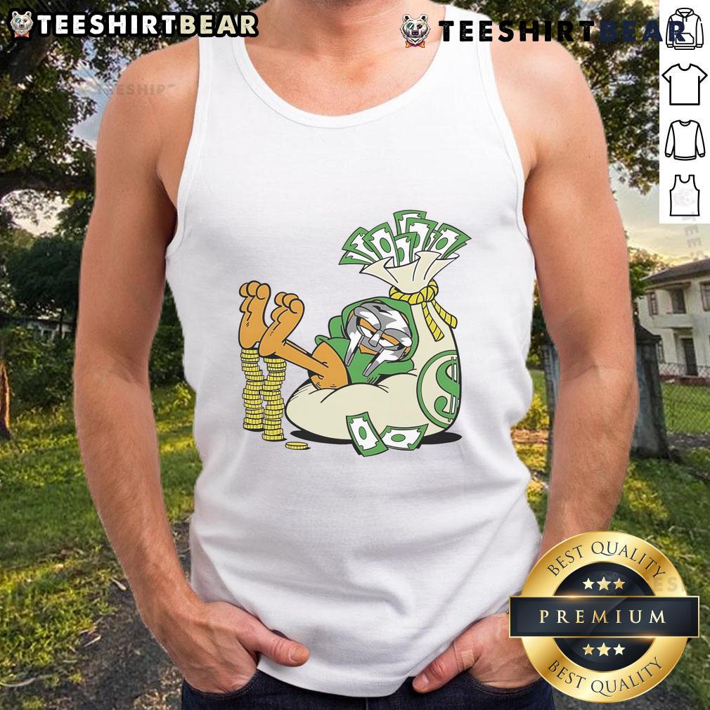 Funny Doctor Doom with an orange cat wearing a money tank top, showcasing a whimsical superhero vibe.