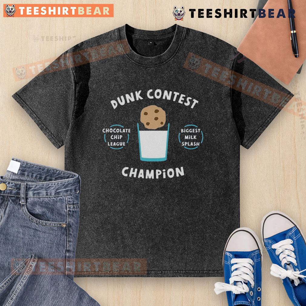 Funny dunk contest champ making the biggest milk splash, wearing a washed t-shirt, showcasing chocolate chip league spirit.