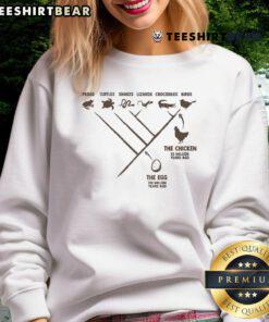 Funny evolution diagram of the chicken and the egg on a sweatshirt, showcasing humor in biology and lifes mysteries.