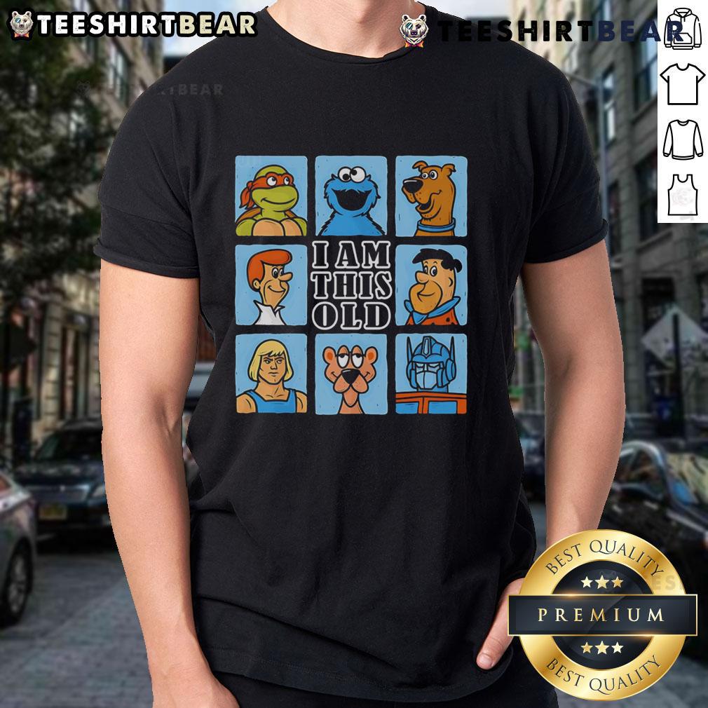 Funny Gen X cartoon featuring an Old I Am This Old T-shirt, humorously showcasing generational nostalgia and aging.