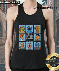 Funny Gen X cartoon on a tank top featuring 'Old? I am this old!' with humorous graphics, perfect for vintage style lovers.