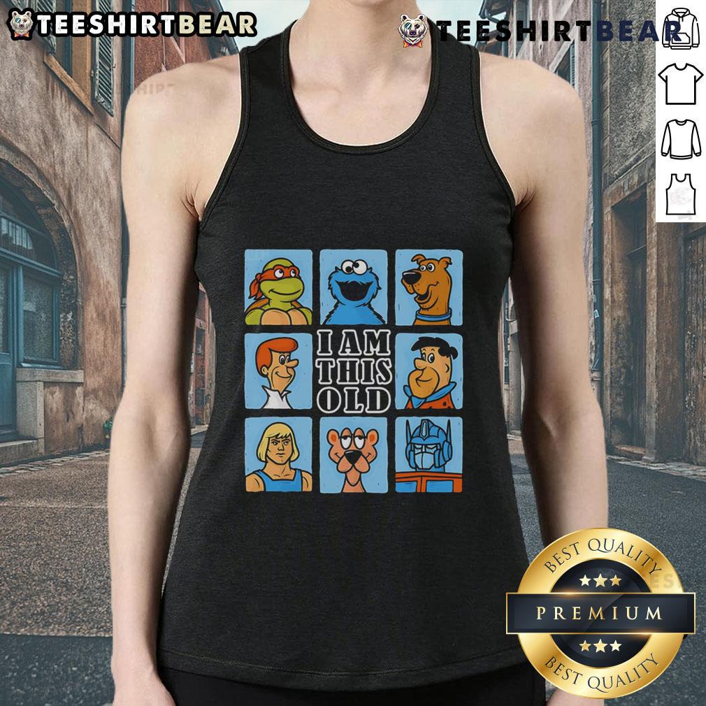 Funny Gen X cartoon on a tank top featuring 'Old? I am this old!' with humorous graphics, perfect for vintage style lovers.