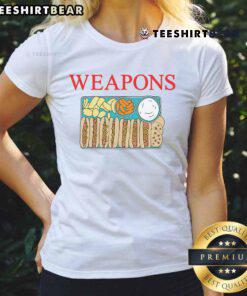 Funny hot dog feast tee featuring quirky food-themed weapons for ladies, perfect for summer BBQs and casual outings.