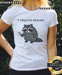 Alt Text: Funny raccoon with a knife on a ladies tee shirt, perfect for snack lovers and humor enthusiasts.