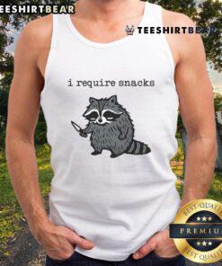 Alt Text: Raccoon holding a knife wearing a tank top with I Require Snacks text, perfect for funny animal lovers.