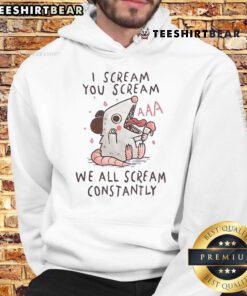 Funny opossum hoodie with 'I Scream, You Scream, We All Scream' ice cream design, perfect for quirky fashion lovers.