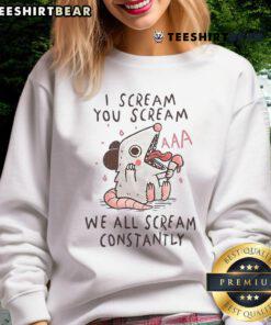 Funny opossum sweatshirt with 'I Scream, You Scream, We All Scream' text, perfect for ice cream lovers and cozy wear.