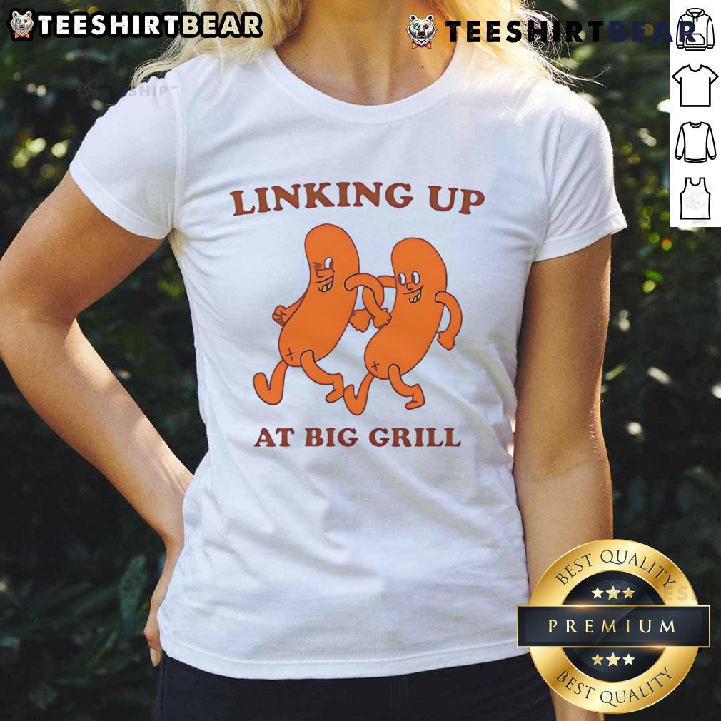 Funny Linking Up at Big Grill Ladies Tee showcasing a humorous BBQ design for women, perfect for summer gatherings.
