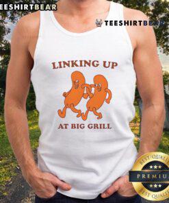 Group of friends laughing at a big grill, wearing funny tank tops, showcasing a fun summer BBQ vibe.
