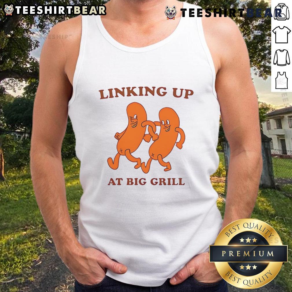 Group of friends laughing at a big grill, wearing funny tank tops, showcasing a fun summer BBQ vibe.