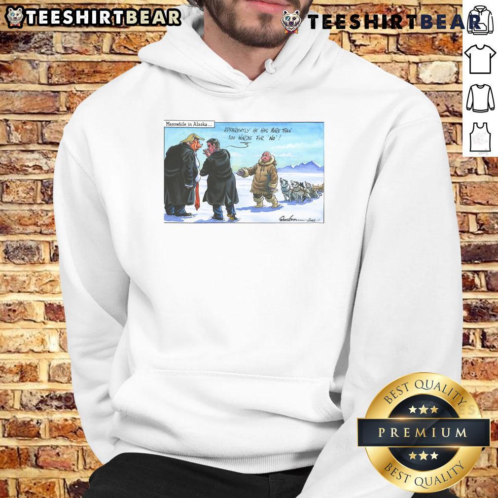 Funny hoodie featuring 'Meanwhile in Alaska' design with over 100 words for 'no' about Trump and Putin.