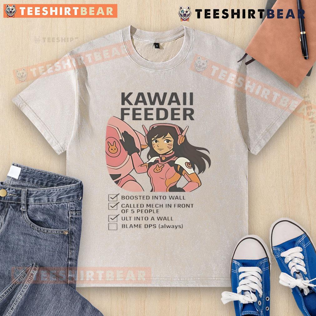 Funny Overwatch D.Va kawaii feeder gamer checklist on a washed T-shirt, perfect for gaming enthusiasts and fans.