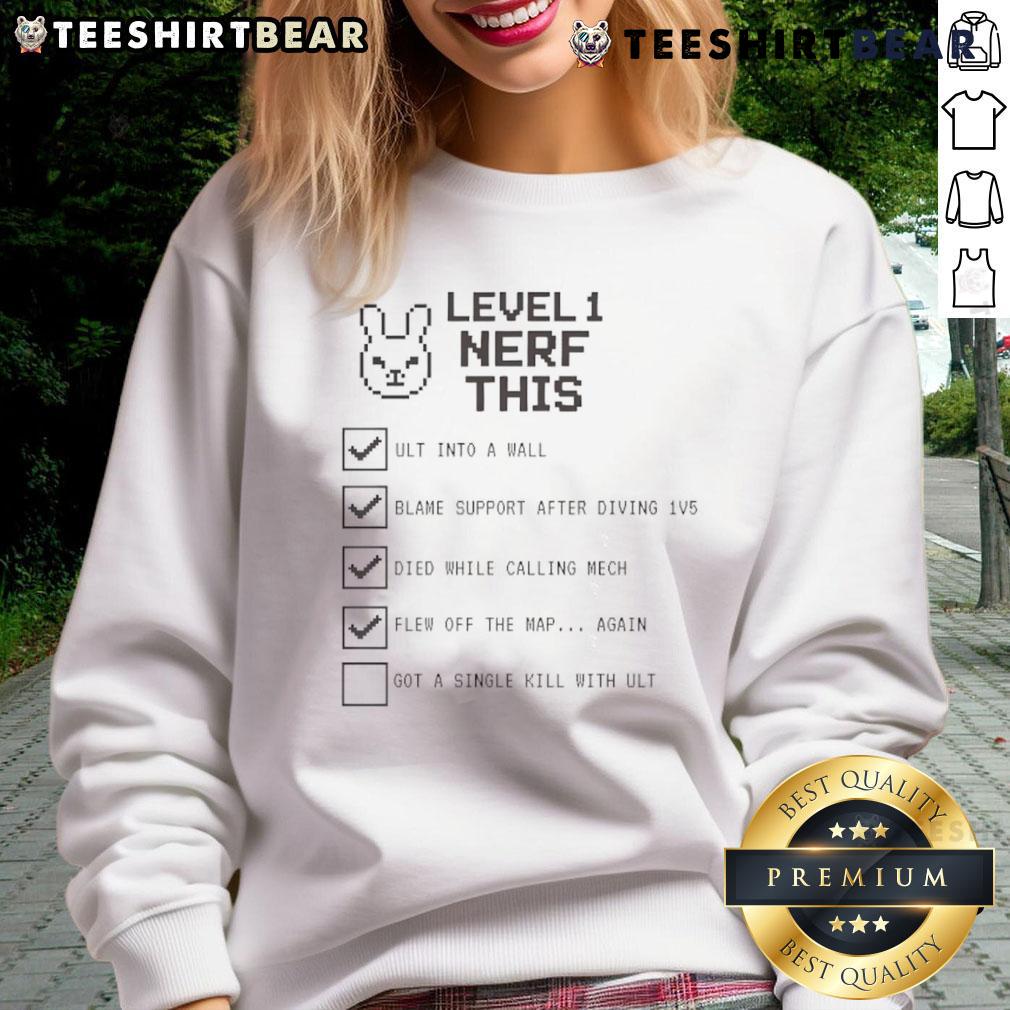 Funny Overwatch D.Va Level 1 Nerf This gamer checklist sweatshirt design featuring playful graphics and vibrant colors.