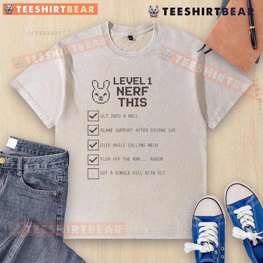 Funny Overwatch D.Va Level 1 Nerf This Gamer Checklist on a washed t-shirt, perfect for gaming enthusiasts.