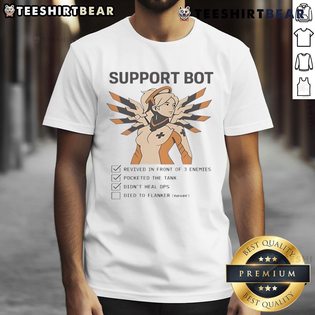 Funny Overwatch Mercy Support Bot Gamer Checklist T-Shirt design featuring humorous gaming graphics and vibrant colors.