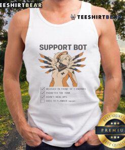 Funny Overwatch Mercy support bot gamer checklist tank top design featuring playful graphics and vibrant colors.