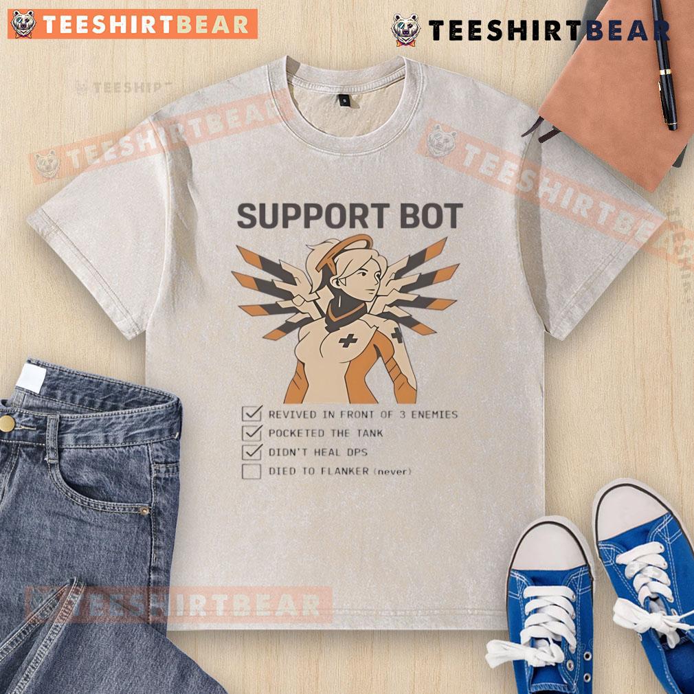 Alt Text: Funny Overwatch Mercy support bot gamer checklist on a washed t-shirt, perfect for gaming enthusiasts.