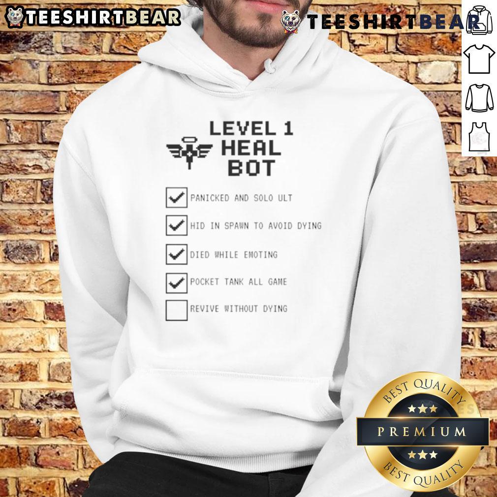 Funny Overwatch Support Mercy Level 1 Heal Bot Gamer Checklist Hoodie design featuring gaming humor and vibrant graphics.