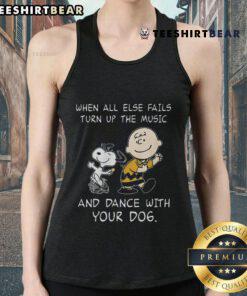 Alt Text: Funny Peanuts Snoopy tank top: 'When all else fails, turn up the music and dance with your dog' design.