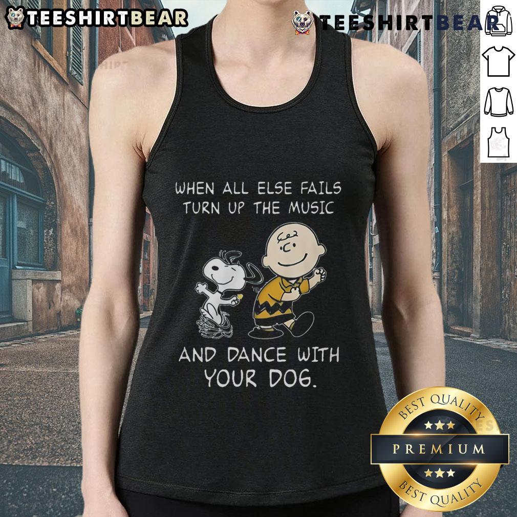 Alt Text: Funny Peanuts Snoopy tank top: 'When all else fails, turn up the music and dance with your dog' design.