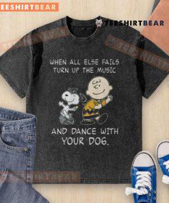 Alt Text: Funny Peanuts Snoopy t-shirt featuring Snoopy dancing with his dog, perfect for music lovers and dog owners.