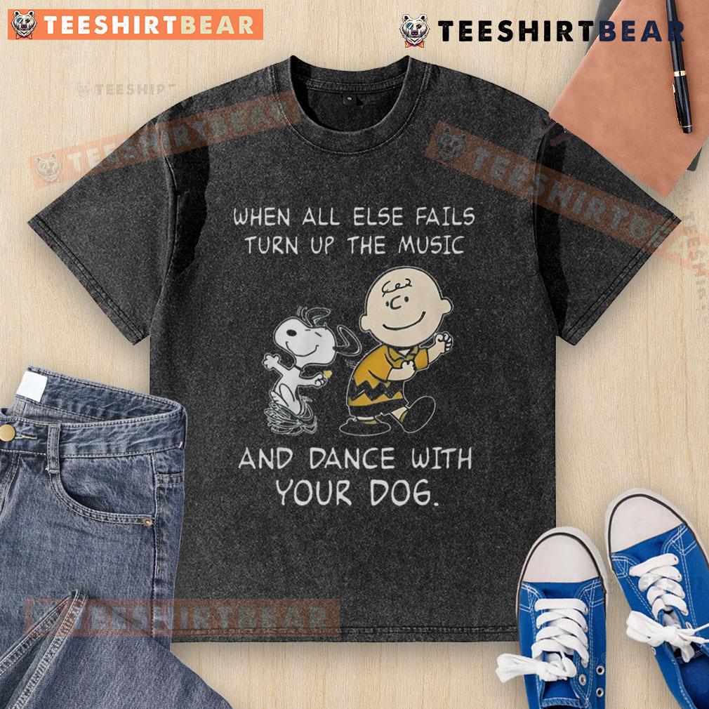 Alt Text: Funny Peanuts Snoopy t-shirt featuring Snoopy dancing with his dog, perfect for music lovers and dog owners.