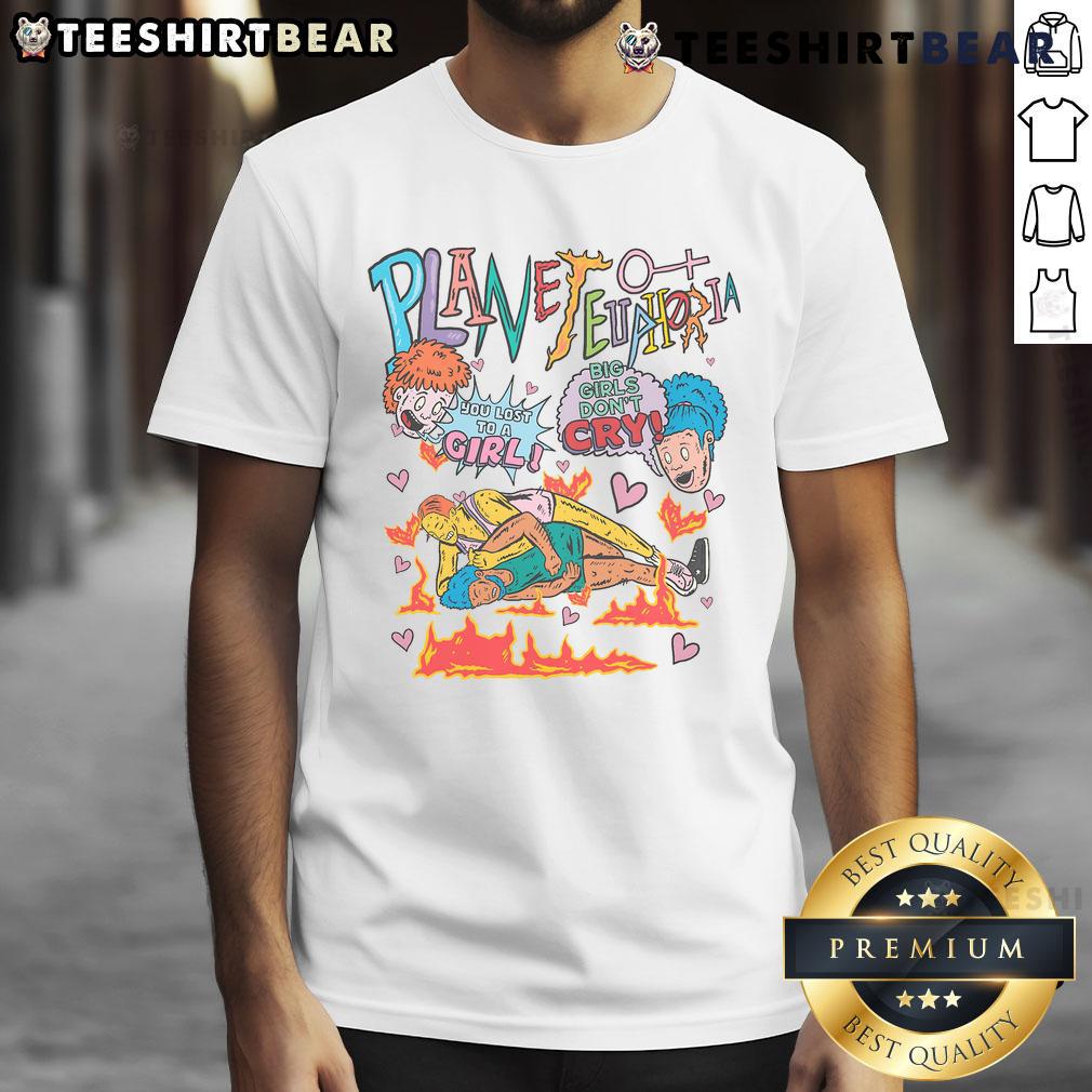 Funny Planet Euphoria Wrestling Comic Graphic T-Shirt featuring colorful cartoon wrestlers in a playful design.