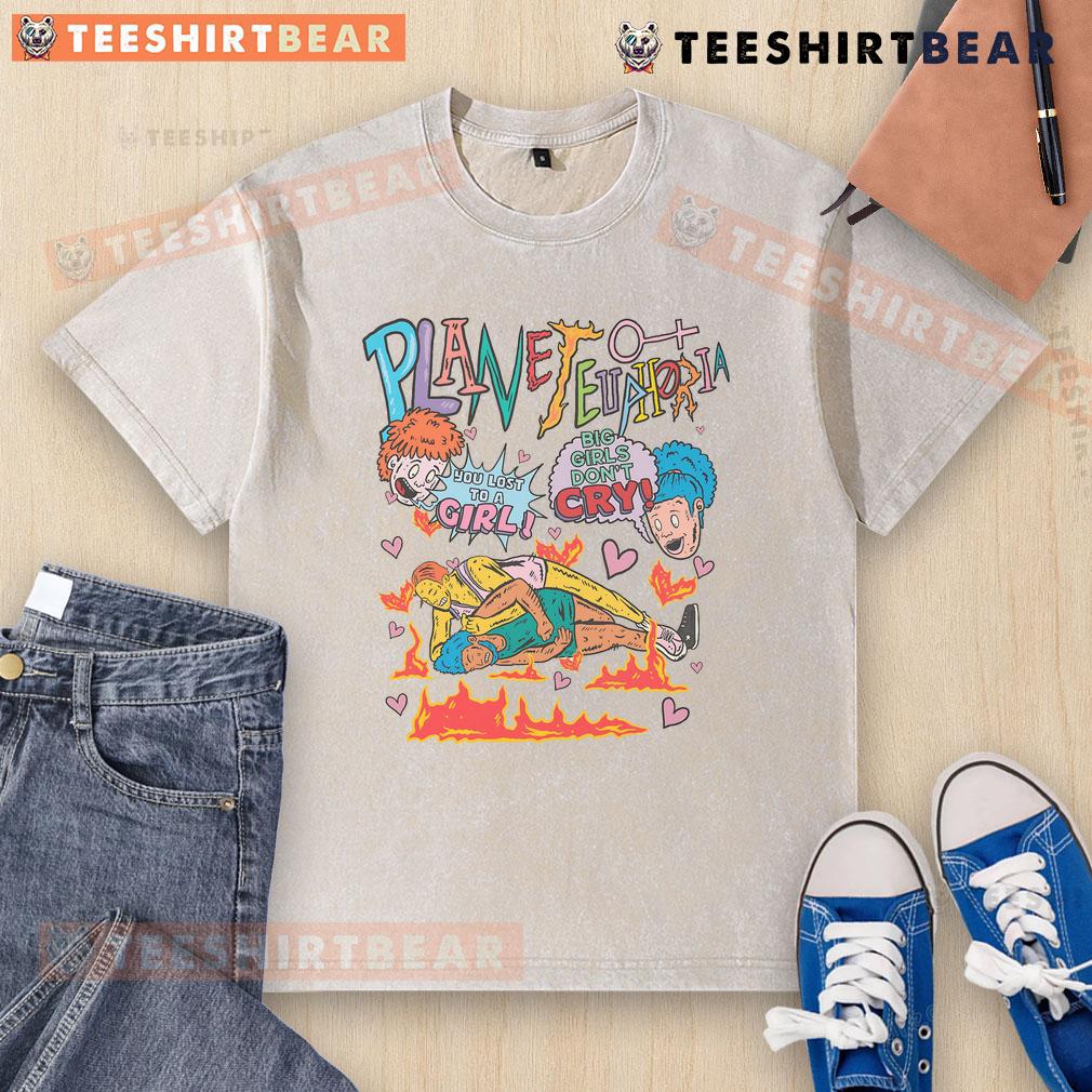 Funny Planet Euphoria Wrestling Comic Graphic on a Washed T-Shirt for a playful and unique style.