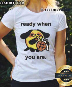 Cute dog wearing a grenade-themed ladies tee, ready for fun and laughter, perfect for dog lovers and humor enthusiasts.