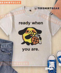 Cute dog in a grenade print washed t-shirt, ready for fun and laughter, embodying the 'Funny Ready When You Are' spirit.