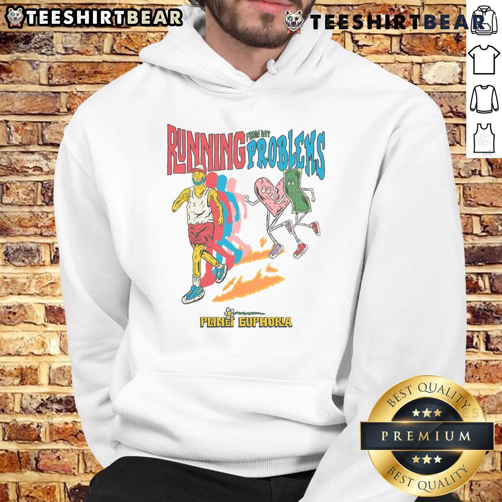Person wearing a Funny Running From My Problems Retro Sport Hoodie, showcasing a playful design in a vibrant outdoor setting.